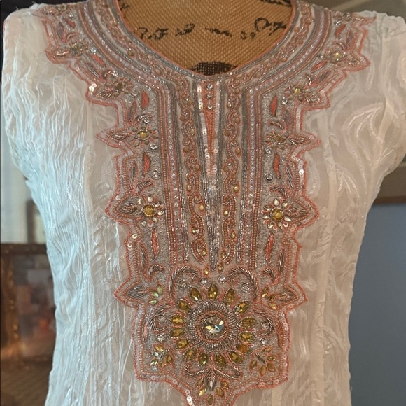 Bohemian Embroidered Hand Beaded White & Silver-Style Women’s Tunic Dress - Picture 3 of 15